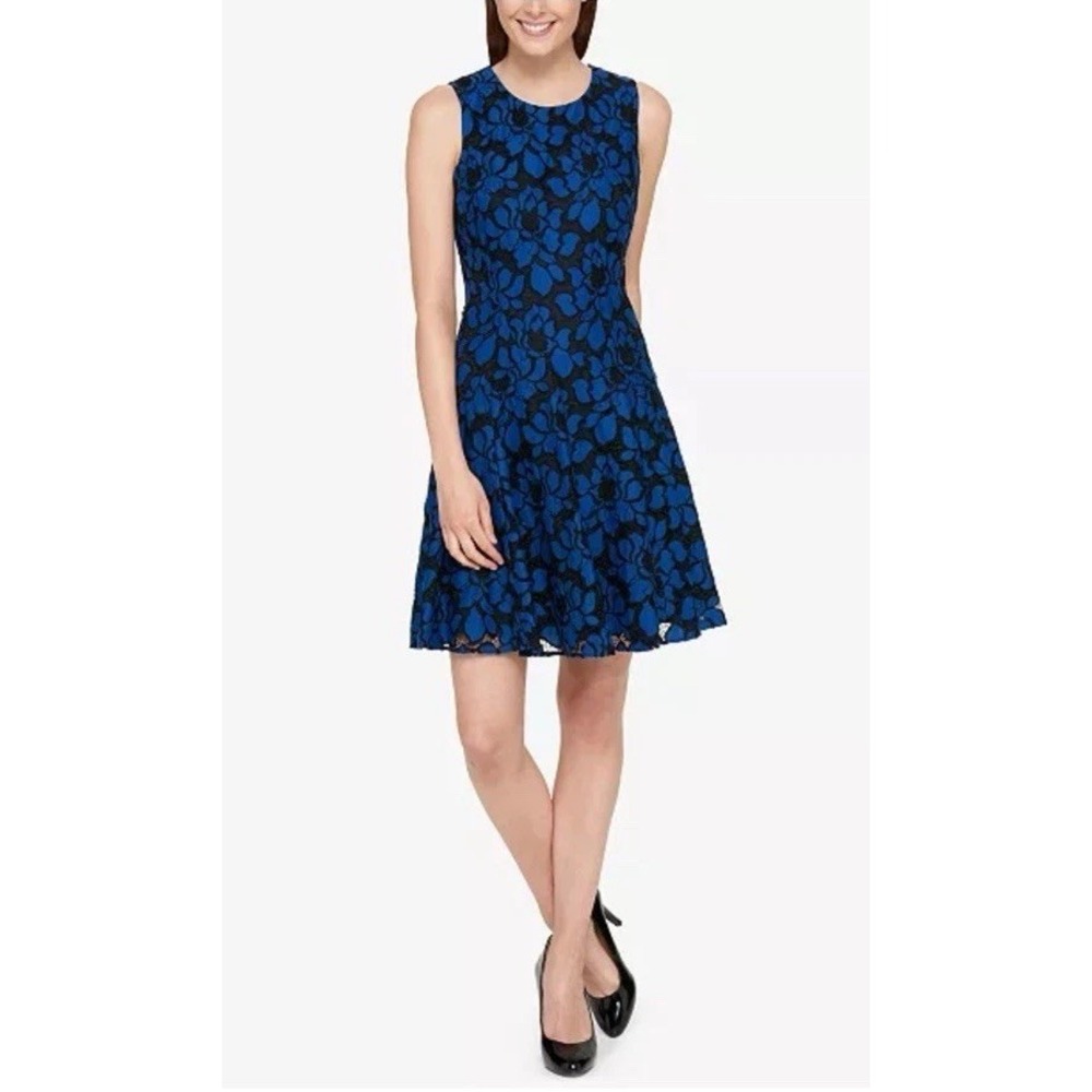 Tommy‎ Hilfiger  Size 12 Blue And Black Embroidered Floral Tea Dress